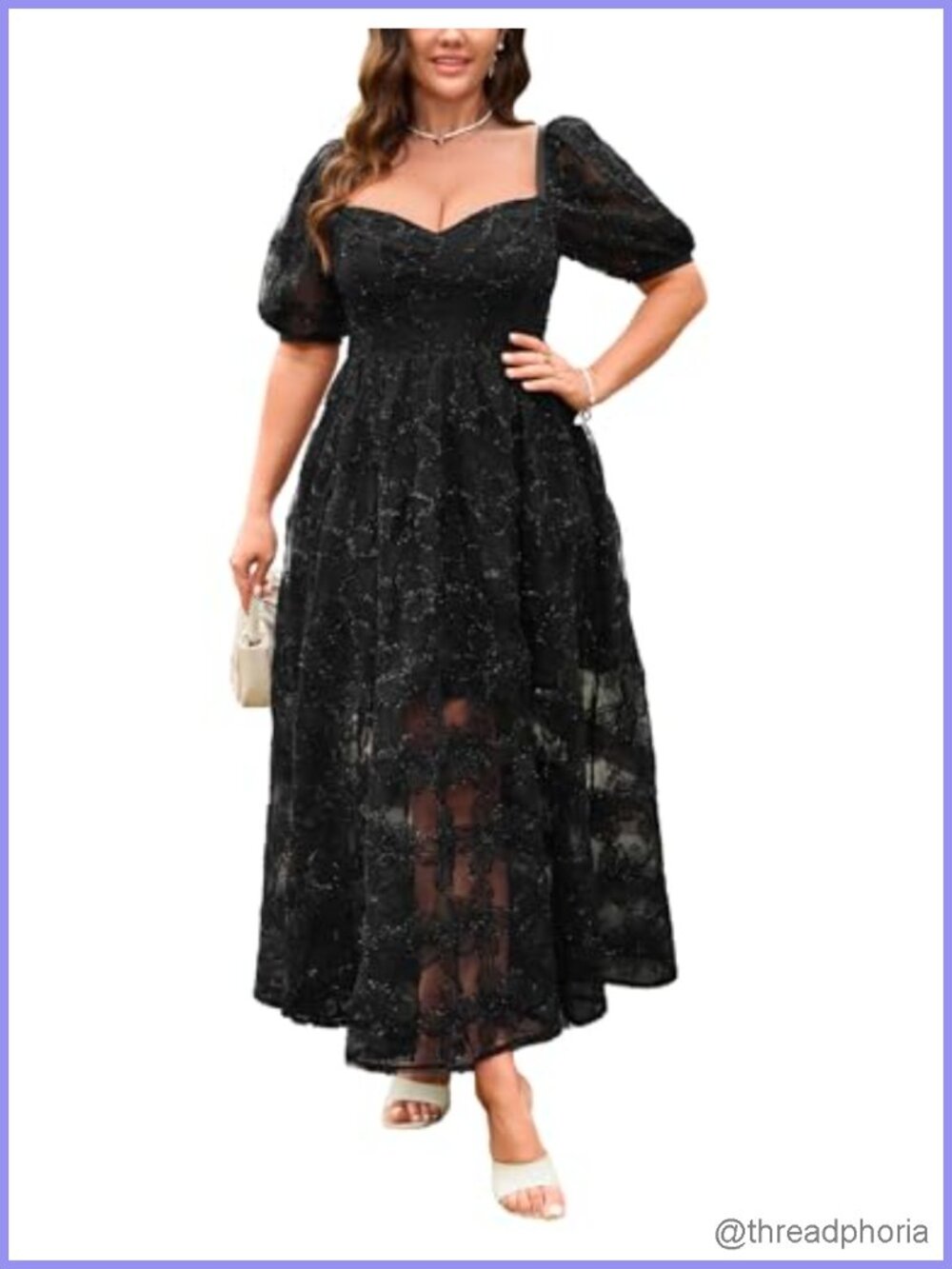Plus Size Floral Embroidered Hand-Stitched Puff Sleeve Maxi Cocktail Dress